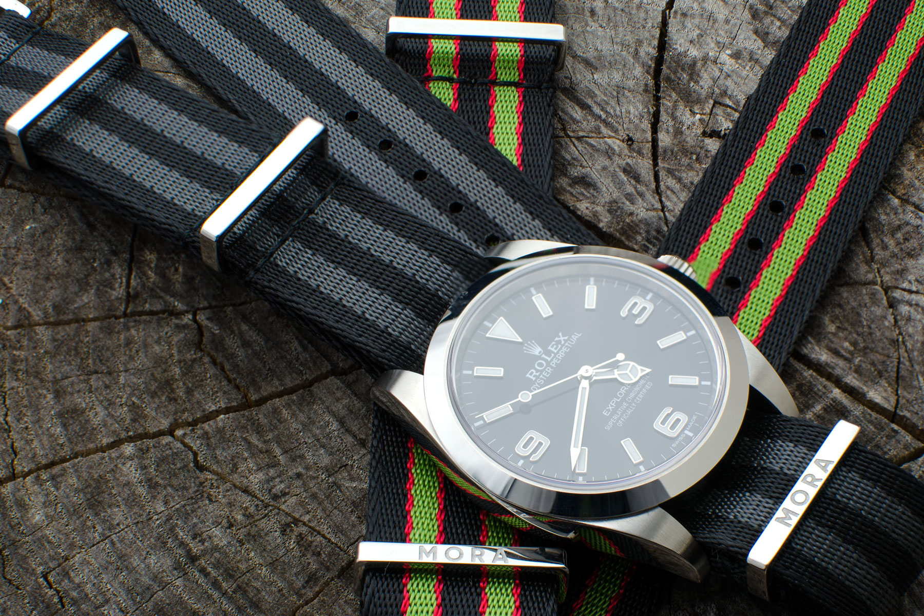 Green Elastic Woven Nylon Strap with Red Stripe, Brushed Finish Steel Clasp  #EWB-14-SS